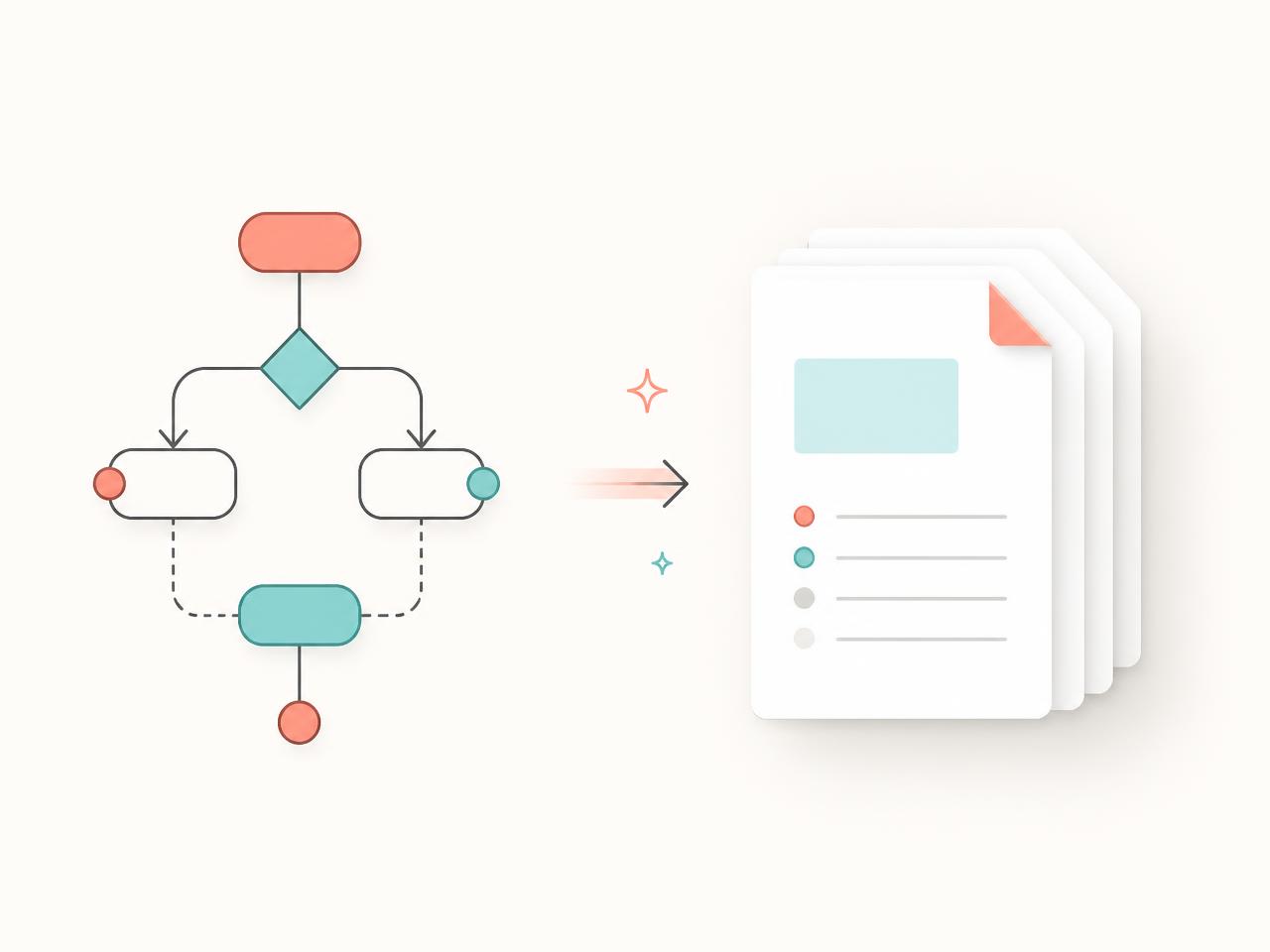 A workflow diagram turning into a stack of specification documents